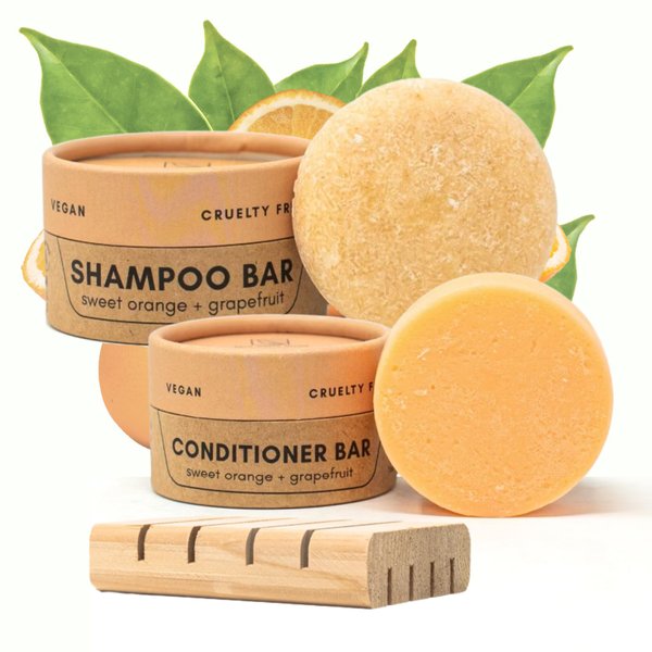 Zero Waste MVMT Shampoo & Conditioner Bar Set | Sweet Orange + Grapefruit | With Travel Container and Cedar Tray | Natural Salon Quality Shampoo, Zero Waste & Plastic Free