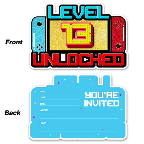 Set of 20 Video Game 13th Birthday Party Invitations with Envelopes Double Sided Video Game Console Shaped Fill-in Invitations Invites for 13Year Old