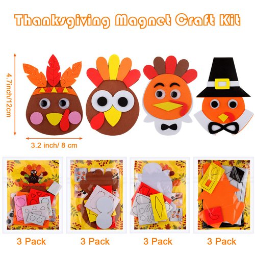 12 Pieces Thanksgiving Turkey Head Magnet Craft Kit Self-Adhesive DIY Turkey Craft Kit Festive Fall Thanksgiving Party Game School Home Activities and Refrigerator Decoration Supplies for Kids Adults