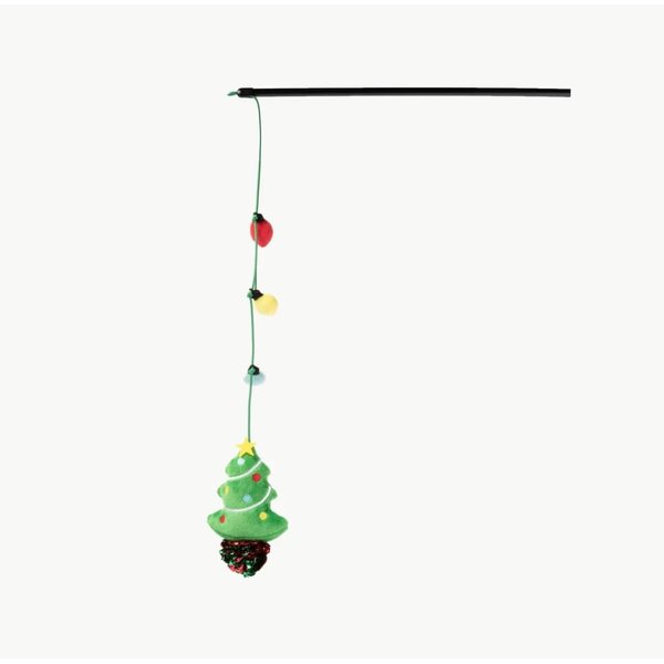 Silver Paw Christmas Tree Stick Cat Toy Teaser Plush Lights w/Bungee Cord & Crinkle