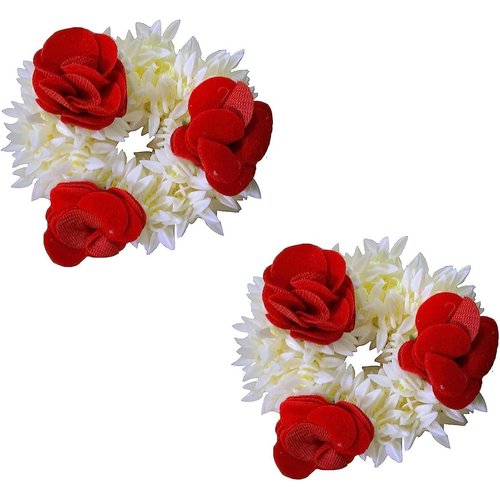 Pam Herbals Artificial Red Rose Mogra (Jasmine) Scented Gajra Hair Band Scrunchie Hair Accessories for Women Girls (Pack of 2)