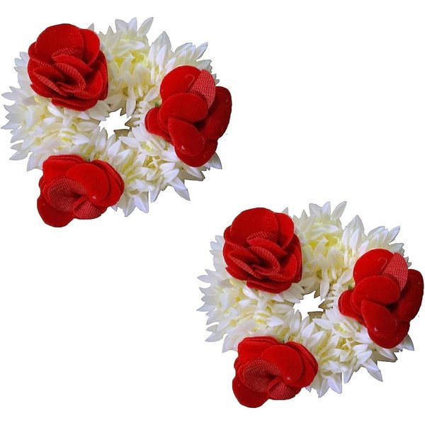 Pam Herbals Artificial Red Rose Mogra (Jasmine) Scented Gajra Hair Band Scrunchie Hair Accessories for Women Girls (Pack of 2)