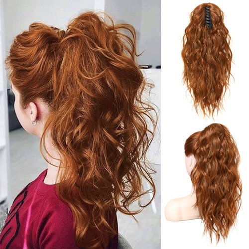 Flufymooz Ponytail Extension, 18 Inch Claw Clip Ponytail Extension, Wavy Curly Claw Clip in Ponytail Hair Extensions, Natural Fake Ponytail Synthetic Hairpiece for Women (Copper Red)