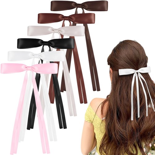 ZLSPTK 6Pcs Satin Ribbon Bow Hair Clips for Women Girls Kids Black Hair Bows Small Long Metal Brown Bowknot Hair Barrettes Set for Curly Thick Thin Hair Pins Cute Pink Bulk White Gray Hair Accessories