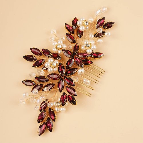 BERYUAN Wedding Pearls Crystal Rhinestone Hair Comb Pearls Crystal Flowers Bride Headpiece Red Wine Crystal Pearls Wedding Hair Accessories Handmade Wedding Hairband for Wedding Women and Girls (red