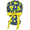 CALOMED Scrub Cap for Women and Men, Ponytail Scrub Caps, Working Hat, Head Cover with Ribbon Ties and Buttons, Long Hair (Lemon and Flowers on Blue)