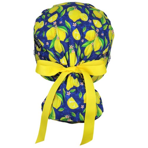 CALOMED Scrub Cap for Women and Men, Ponytail Scrub Caps, Working Hat, Head Cover with Ribbon Ties and Buttons, Long Hair (Lemon and Flowers on Blue)