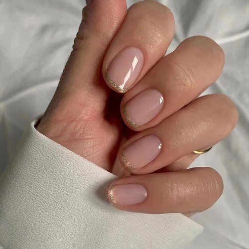 IMSOHOT Square Glossy Press on Nails Short Acrylic Fake Nails Gloden French Squoval False Nails Nude Natural Glue on Nails Full Cover Acrylic Nails for Women