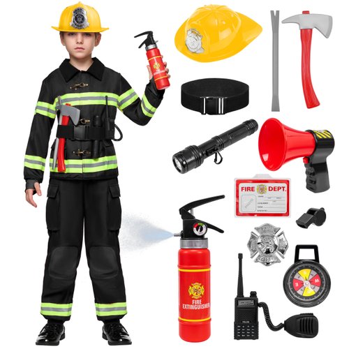 Spooktacular Creations Halloween Boys Fireman Costume, Firefighter Costume for Kids, Black Toddler Fireman Costume Accessories Set for Dress-up and Roleplay Party (Medium(8-10 YRS))