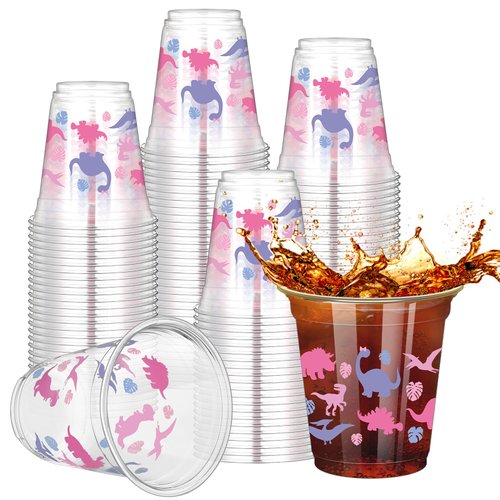 Yuxung 50 Pcs Dinosaur Cups 12 oz Dinosaur Disposable Plastic Cups Dino Theme Tumbler Cups for Kids Girl Dinosaur Birthday Party Supplies Decorations, Pink