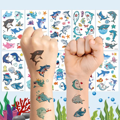 Baby Shark Temporary Tattoos Sticker 10 sheets Cute Sea Shark Tattoo Stickers for Party Supplies, Waterproof Tattoos