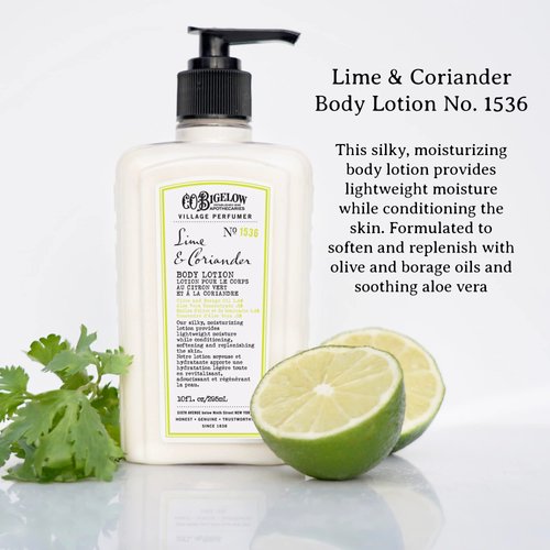 C.O. Bigelow Lime Coriander Body Lotion for Women and Men, Village Perfumer Lotion with Olive Oil, Borage Oil, and Aloe Vera Concentrate, 10 fl oz