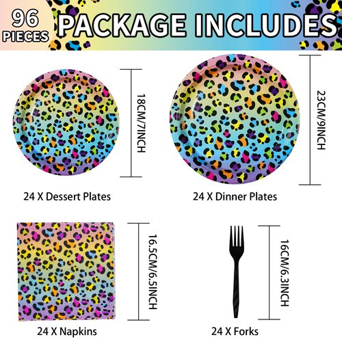 96 Pcs Rainbow Leopard Party Supplies 350 GSM Colorful Leopard Print Plates and Napkins Tableware Set Cheetah Birthday Decorations for Girl's Child Wild Animal Birthday Rainbow Party Decor Serves 24