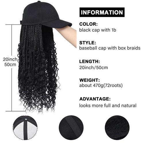 Goddess Box Braids Braiding Hair Baseball Cap Hat Wig Bohemian Curly Ends Braids Hat with Braided Boho Hair Extensions for Black White Women Synthetic Braids Hat Wig with Hair Attached (20inch, 1B)