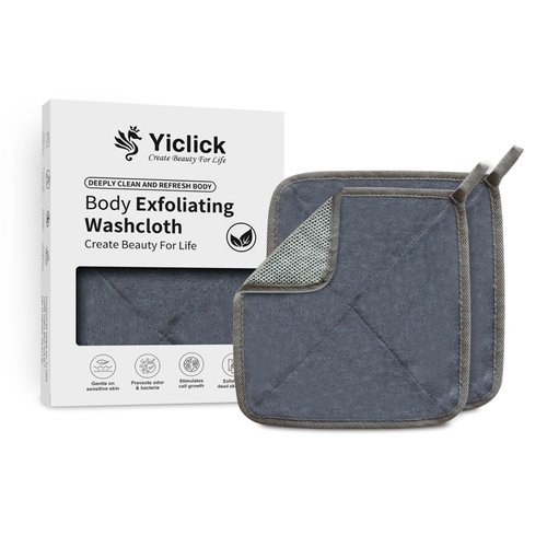 Yiclick Exfoliating Washcloth For Face and Body (2 Pack), Wash Cloth For Showering, Travel Wash Rag - Exfoliating Towel, Body Scrubber Exfoliator, Scrub Cloth, Loofah Lufas Sponge for Men & Women (2X)