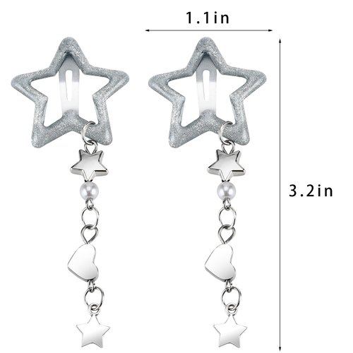 TUCEWP Star Hair Clips 2Pcs Silver Metal Snap Hair Barrettes Y2K Dangle Star Hair Pins for Thick Hair Cute Non Slip Heart Pearl Bead Charm Star Hairpins Y2K 2000s Hair Accessories for Girls Women