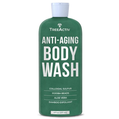 TreeActiv Anti-Aging Exfoliating Body Wash, 8oz, All Natural Body Wash Women and Men, Exfoliating Body scrub Infused with Jojoba Beads, Sulfur, and Aloe Vera - Shower Gel For All Skin Types - 50 Uses