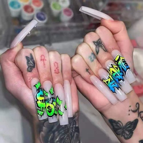 MISUD Coffin Press on Nails, Extra Long Fake Nails, Glossy Glue on Nasil, Ballerina False Nails, ...