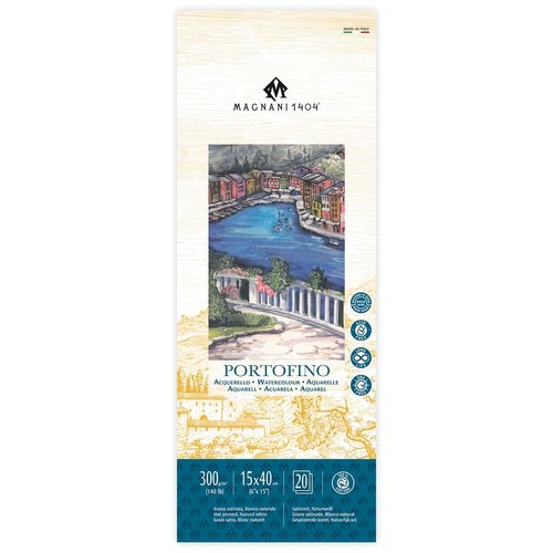 Magnani 1404 Portofino Hot Press 100% Cotton Watercolor Paper Pad, 20 Sheets, 6x15", 140 lb, Acid-Free, UV Resistant, Deckled Edges, Vegan Sized Water Color Paper for Artists, Made in Italy