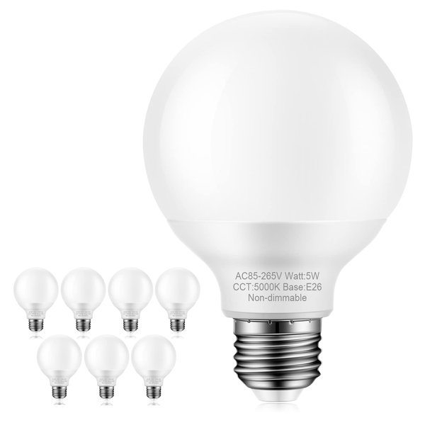 Marxlait 8 Pack Bathroom Light Bulbs, 60 watt Equivalent, E26 Medium Base, Daylight 5000K, G25 LED Globe Light Bulbs for Bathroom Vanity, 120V Round Light Bulb over Mirror, Non-dimmable