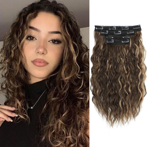MORICHY Clip in Hair Extensions Clip ins 16'' Wavy Curly Clip in Hair Extensions Invisible Soft Lace Seamless Clip in Hair Extensions Highlights Brown Hair Extensions Synthetic Hair Pieces for Women