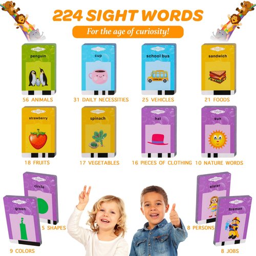 Happy ToyZone Learning Toys for 2 Year Olds - Sensory Toys for Autistic Children - 224 Sight Words Educational Talking Flash Cards for Toddlers 2 3 4 5 - Fun Speech Therapy Toys - Helpful Autism Toys