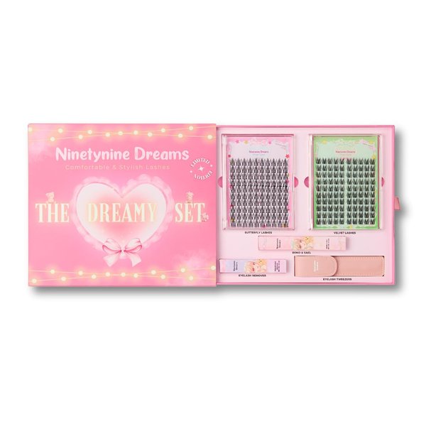 Ninetynine Dreams Dreamy Lashes Set – Velvet + Butterfly + Bond & Seal + Tweezers + Remover | Manhua Anime Lash Clusters | Lightweight, Comfortable, Thin Band, Spiky, Reusable | Holiday Gift Set
