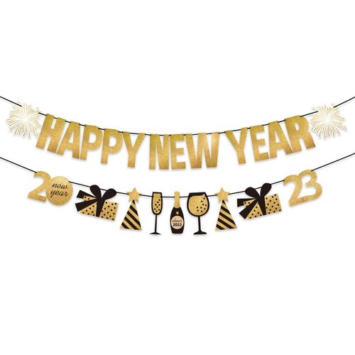 Happy New Year Banner 2023 New Years Eve Party Decoration,Golden Firework Theme Happy New Year Banner Bunting Sign for 2023 New Years Party Supplies