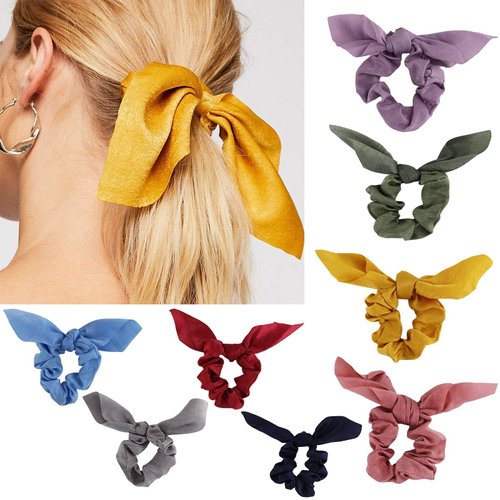 Bow Scrunchies For Long Hair - 8 Pcs Chiffon Satin Scrunchies Silk With Bow Scarf, Solid Stripe Flower Color Bow Scrunchies, Ponytail Holder With Tail, Rabbit Bunny Ear Bowknot Hair Accessories (A5)