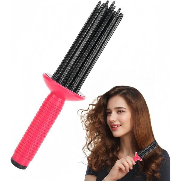 Neuvikter Curly Hair Styler Tool, 17 Teeth Curling Roll Comb - Rose red+Black, Hair Salon Professional Curling Brush for Home Use