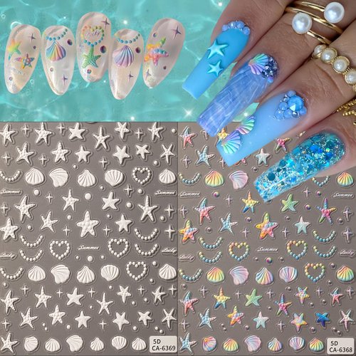 2 Sheets 5D Embossed Seashell Starfish Nail Art Stickers Summer Ocean Nail Stickers Colorful Fantasy Ocean Nail Stickers Shell Pearl Jelly Star Starfish Nail Supplies for Women Nail Decorations