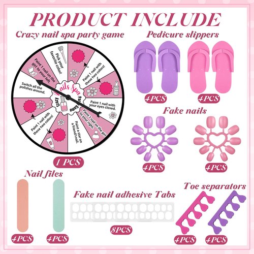 VercanMonth 8 Set Spa Party Supplies Include Nail Kits for Girls Spa Party Nail Game Spinner Disposable Slippers Nail Files for Spa Themed Birthday Party Favors Sleepover Party Slumber Party