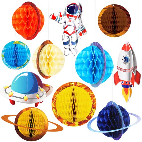 Tenare 24 Pcs Space Party Decorations Planet Honeycomb Hanging Supplies Solar System Hanging Decorations Galaxy 3D Rocket Astronaut Solar System Space Birthday Party Favors Ceiling Ornaments Decor