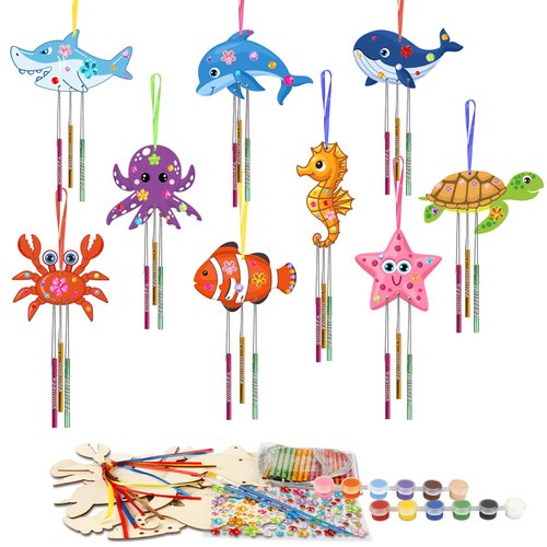 Fennoral 36 Pack Wind Chime Craft Kit for Kids Make You Own Ocean Animals Craft for Girls Boys Ornaments DIY Coloring Wooden Sea Animals for Art Activity Birthday Summer Decoration