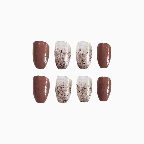 SINHOT Coffin Press on Nails Medium Ballerina Fake Nails Glossy Glue on Nails Brown Gradient Acrylic Nails with Brown Glitter False Nails Designs 24 pcs