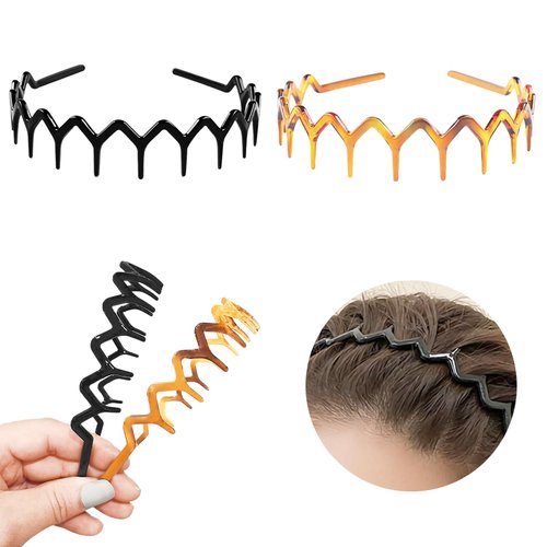 NONENDU Zig Zag Headbands Classic 90s Plastic Headband with Teeth Wavy Comb Headbands for Women Men, Shark Tooth Headband & Hair Band (1 Black + 1 Brown, Pack of 2)