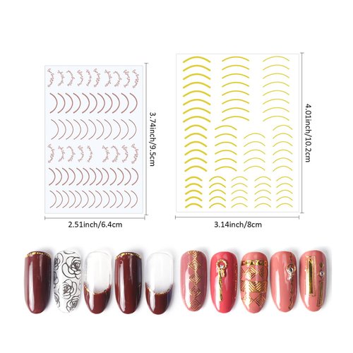SILPECWEE 14 Sheets Gold Nail Stickers French Line Metallic Curve Strip Nail Decals Self Adhesive Nail Art Stickers Nail Design Stickers 3D Nail Decoration for Women Kids