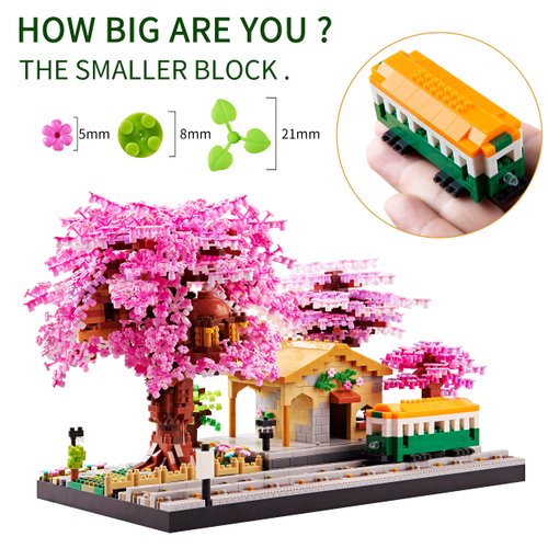 TEXXXIAN Cherry Blossom Micro Building Blocks Set, Japanese Creative Mini Bricks Model Flower Train Station Architecture for Adults and Kid Age of 14+ 3668PCS