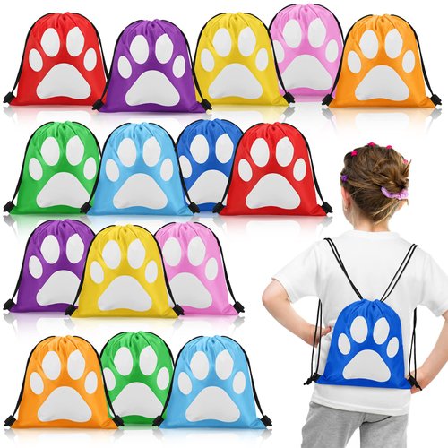16 Pieces Paw Print Party Favor Bags Puppy Cat Paw Print Gift Bags Drawstring Backpack for Kids Birthday Reusable Cute Snack Candy Goodies Bags for Themed Party Swimming Beach Travel(16 Pieces)