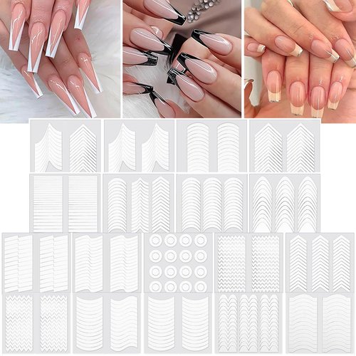 18 Designs French Manicure Nail Art Stickers, Self-Adhesive Nail Tips Guides for DIY Decoration Stencil Tools (18 Sheets)