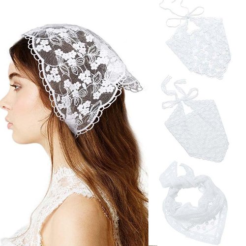 Woeoe 3Pcs Lace Floral Hair Bandanas Triangle Mesh Flower Head Kerchief Print Tie-back Hair Scarf Headband for Women Girls