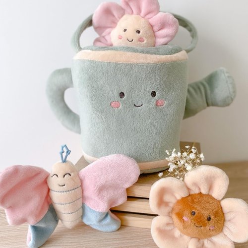 MON AMI Spring Watering Can Play Set with Rattles – 4 Pc Set, Stuffed Plush Gardening Set for Kids with Watering Can, 2 Pcs Flowers, Butterfly