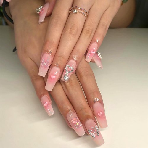 Pufandor 24pcs Pink Valentines Day Press on Nails Long Coffin Fake Nails with Nail Charms Butterfly Heart Cute Bear Design False Nails Glossy Sturdy Nails 12 Sizes Stick on Nails for Women