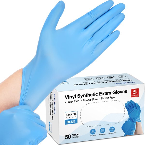 Schneider Blue Vinyl Synthetic Exam Gloves, Small, Box of 50, 4-mil, Powder-Free, Latex-Free, Non-Sterile, Disposable Gloves