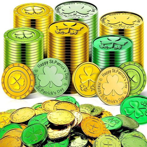 Lippbest St Patricks Day Gold Coins, 120 Pcs Gold and Green Lucky Coins Plastic Shamrock Leprechaun Coins, St Patricks Day Decorations for Irish St. Patrick's Day Party Table Decorations