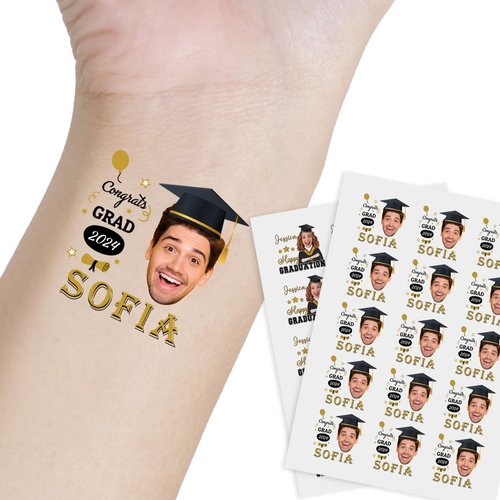 Tattoos for Graduation Custom Temporary Tattoos Body Markers with Face Name Graduation Celebration Gifts for Men Women 30pcs