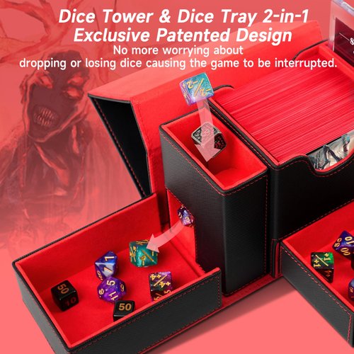 MTG Deck Box, Dice Tray & Tower 2 in 1 MTG Commander Deck Box Fits 120+ Single Sleeved Cards, Leather Magnetic Closure Card Deck Box with Magnetic Card Holders&Base for TCG, CCG, Black/Red