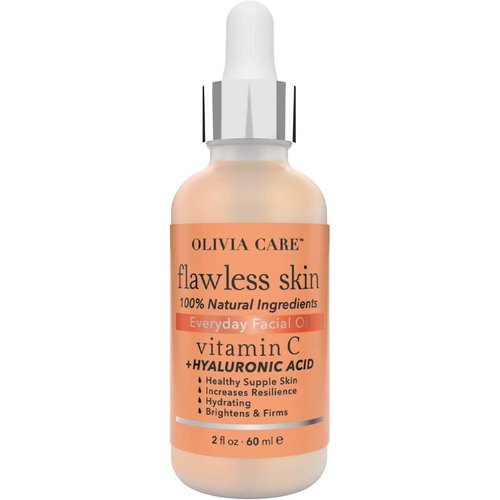 Olivia Care Vitamin C + Hyaluronic Acid Flawless Essential Facial Oil Acid 100% Natural, Reviving, Hydrating, Calming & Soothing. Stabilize & Retain Moisture 2 fl oz (Vitamin C)