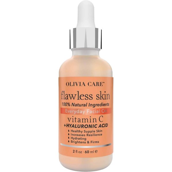 Olivia Care Vitamin C + Hyaluronic Acid Flawless Essential Facial Oil Acid 100% Natural, Reviving, Hydrating, Calming & Soothing. Stabilize & Retain Moisture 2 fl oz (Vitamin C)