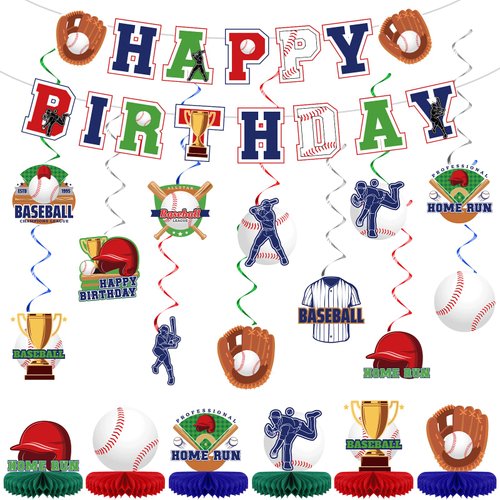 44 Pcs Baseball Party Decorations Happy Birthday Banner Sports Theme Hanging Swirls and Honeycomb...